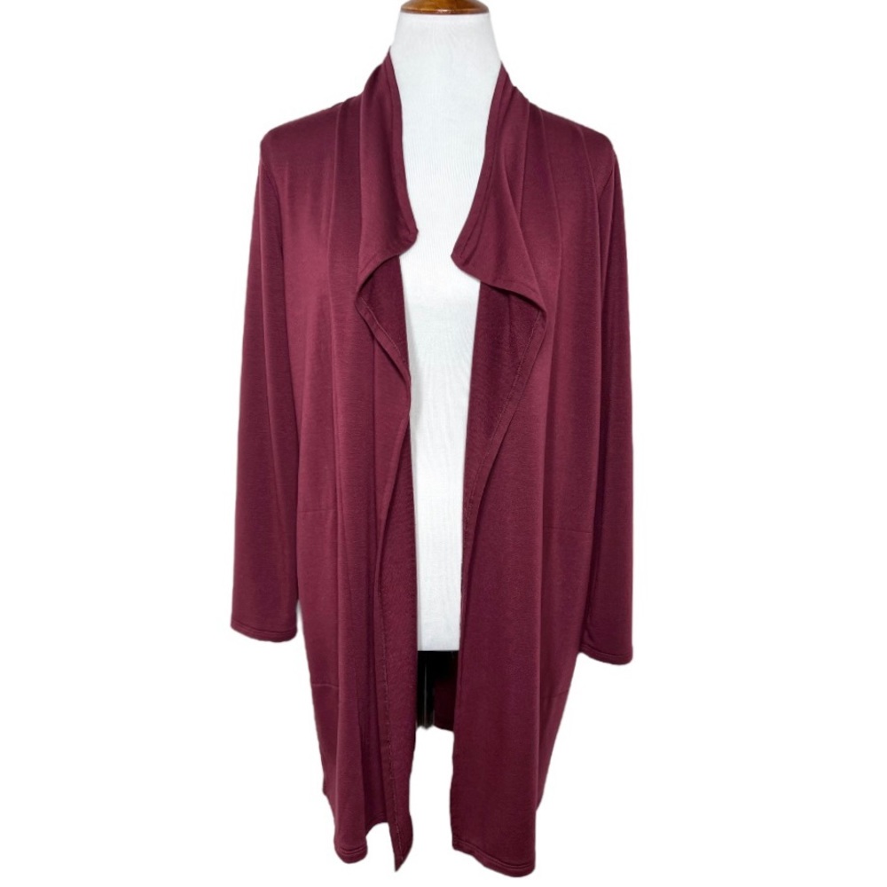 J. Jill Waterfall Draped Open Front Long Knit Burgundy Cardigan Small